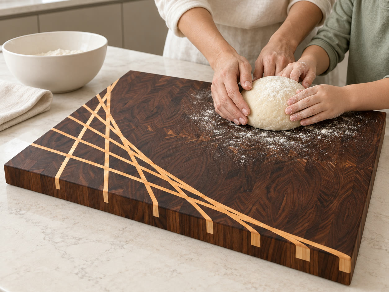 An adult and a child kneading bread dough on a Solid board with the maple ray in a bright kitchen