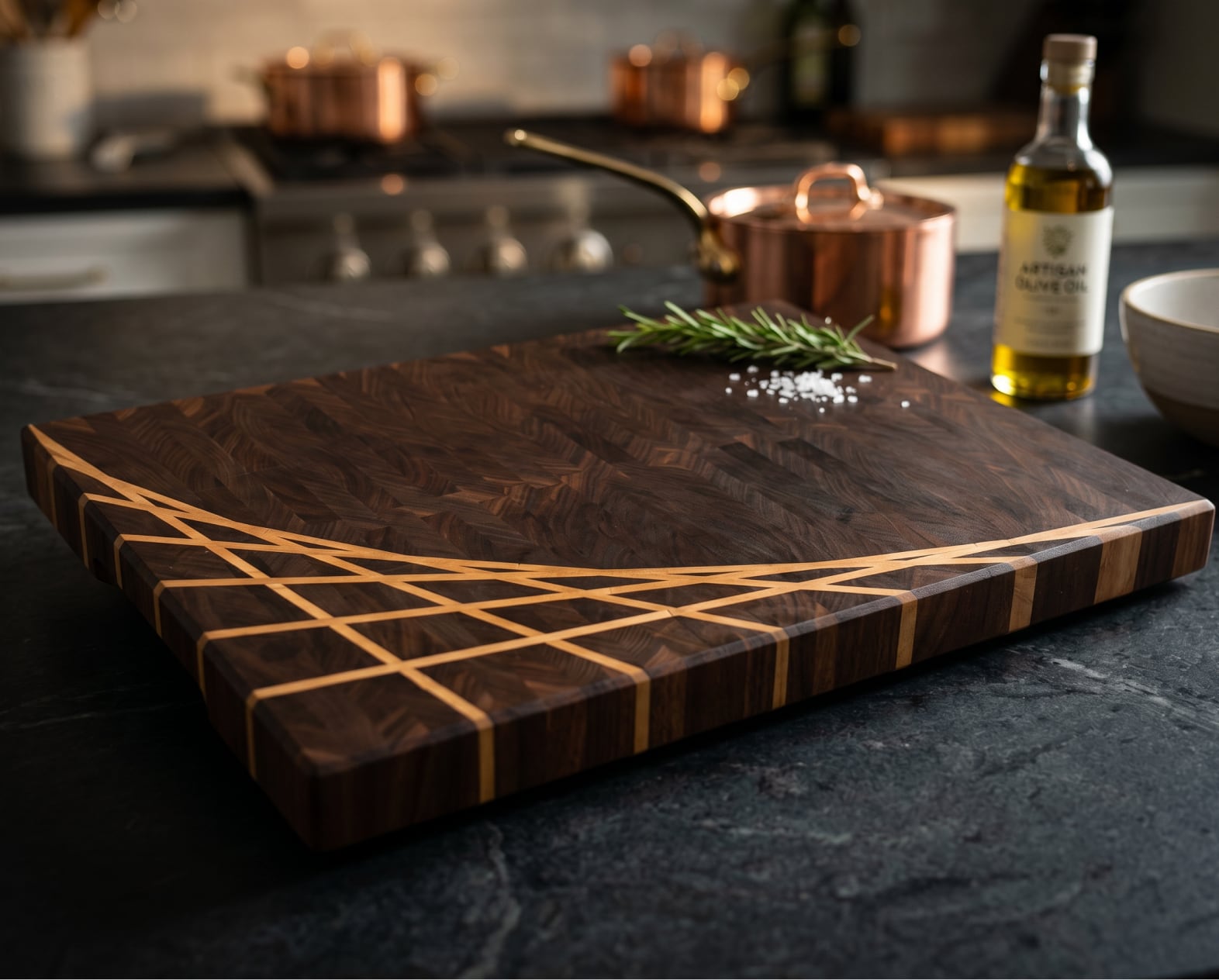 Walnut end-grain cutting board with maple ray pattern