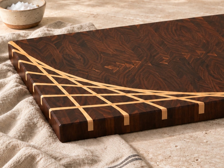 The board's thick end-grain edge with the maple ray, resting on a linen towel