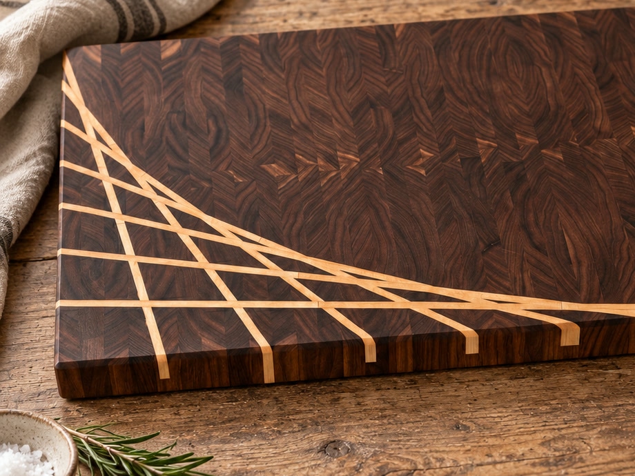 The maple ray fanning across a Solid walnut board on a rustic wooden table