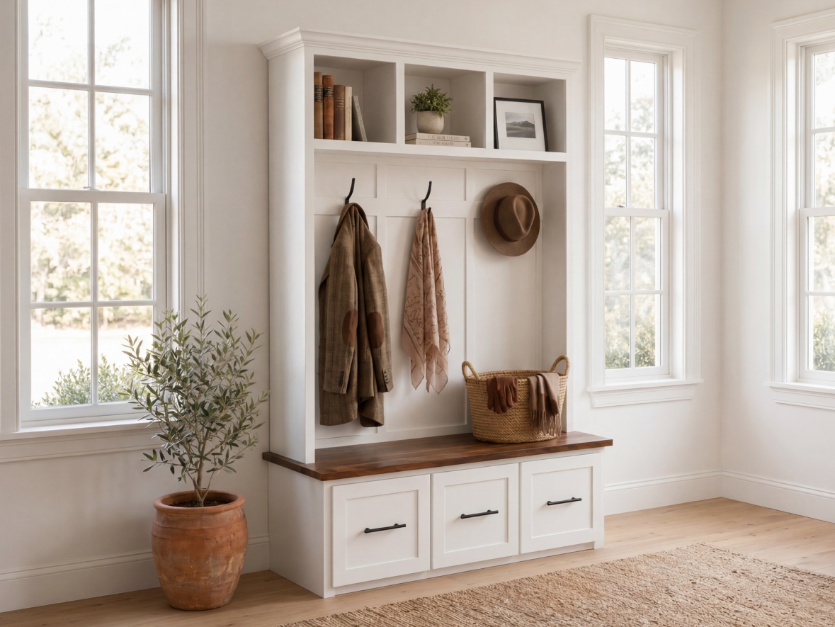 The Halltree — 3 Drawers / 3 Cubbies, Whisper White, Black Walnut bench